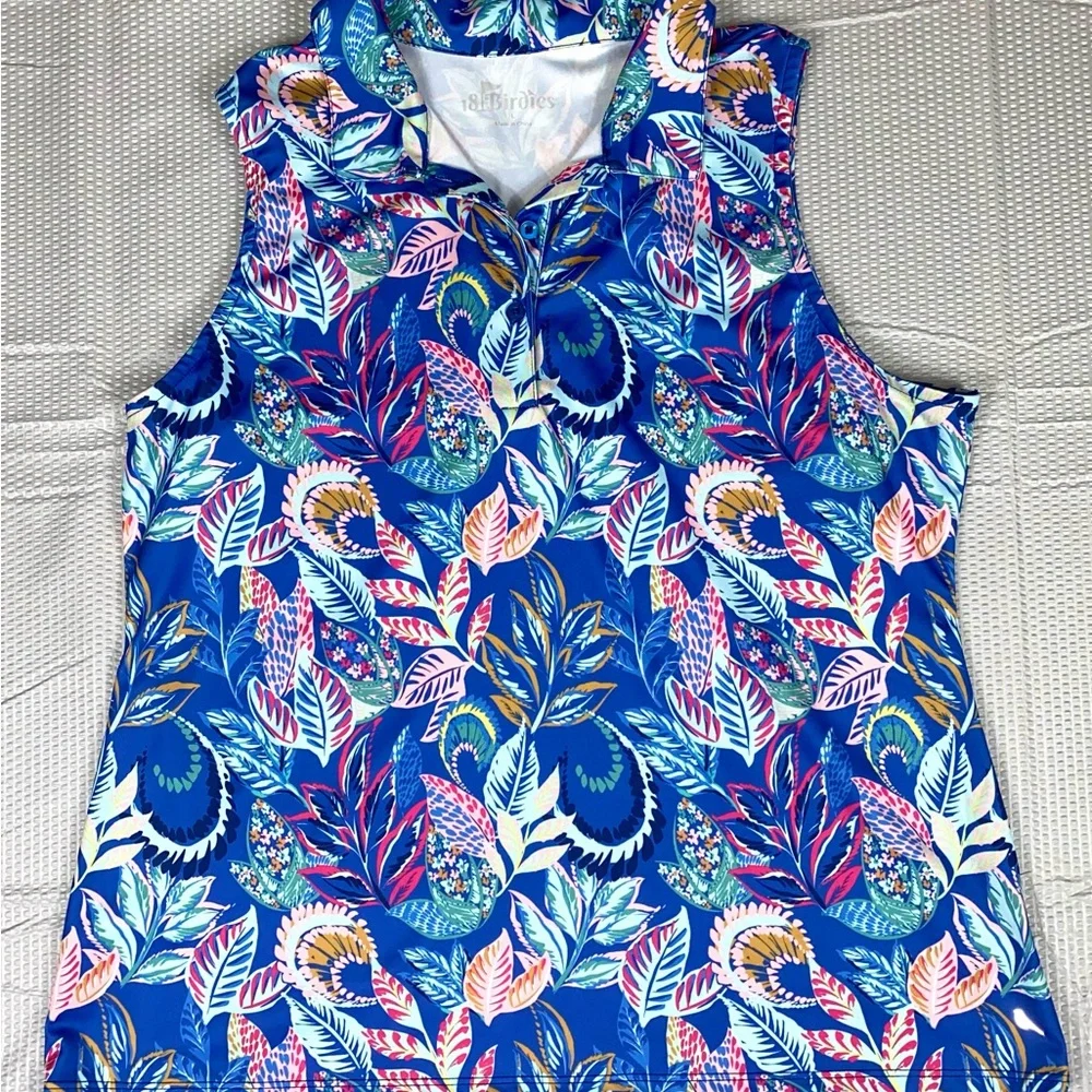 18 Birdies Polo Shirt Womens Large Blue Floral Paisley‎ Sleeveless Golf Stretch